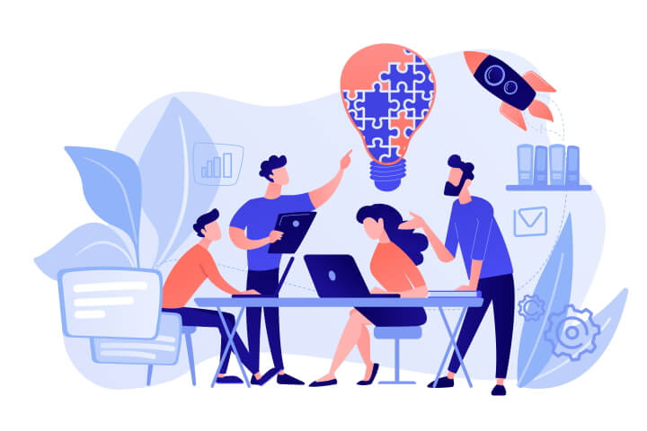 Illustration of a team with a lightbulb made of puzzle pieces