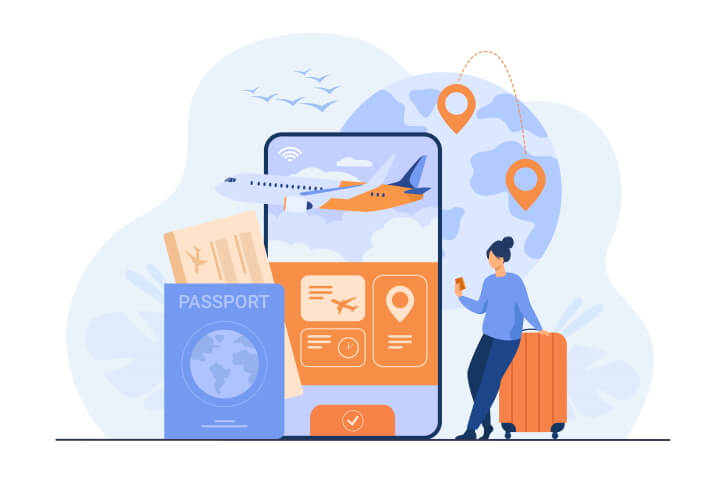 An abstract image of travel. Shows a cell phone, plane, world and passport.