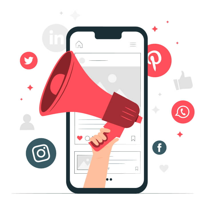 A megaphone in a smartphone screen surrounded by social media icons.