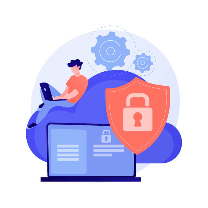 Abstract image of a man on laptop. There is a padlock security symbol.