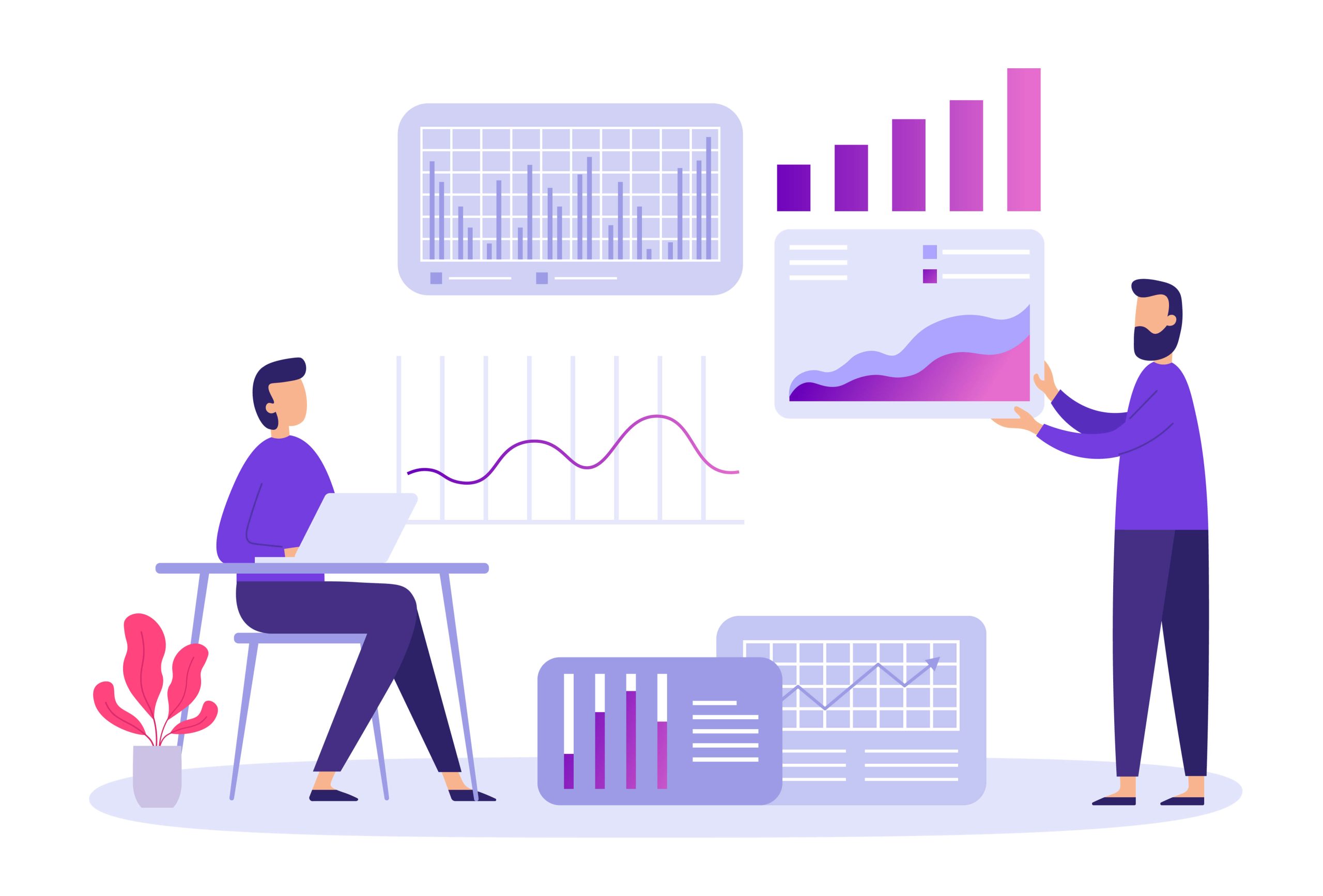Abstract image of two business people looking at stats and trends